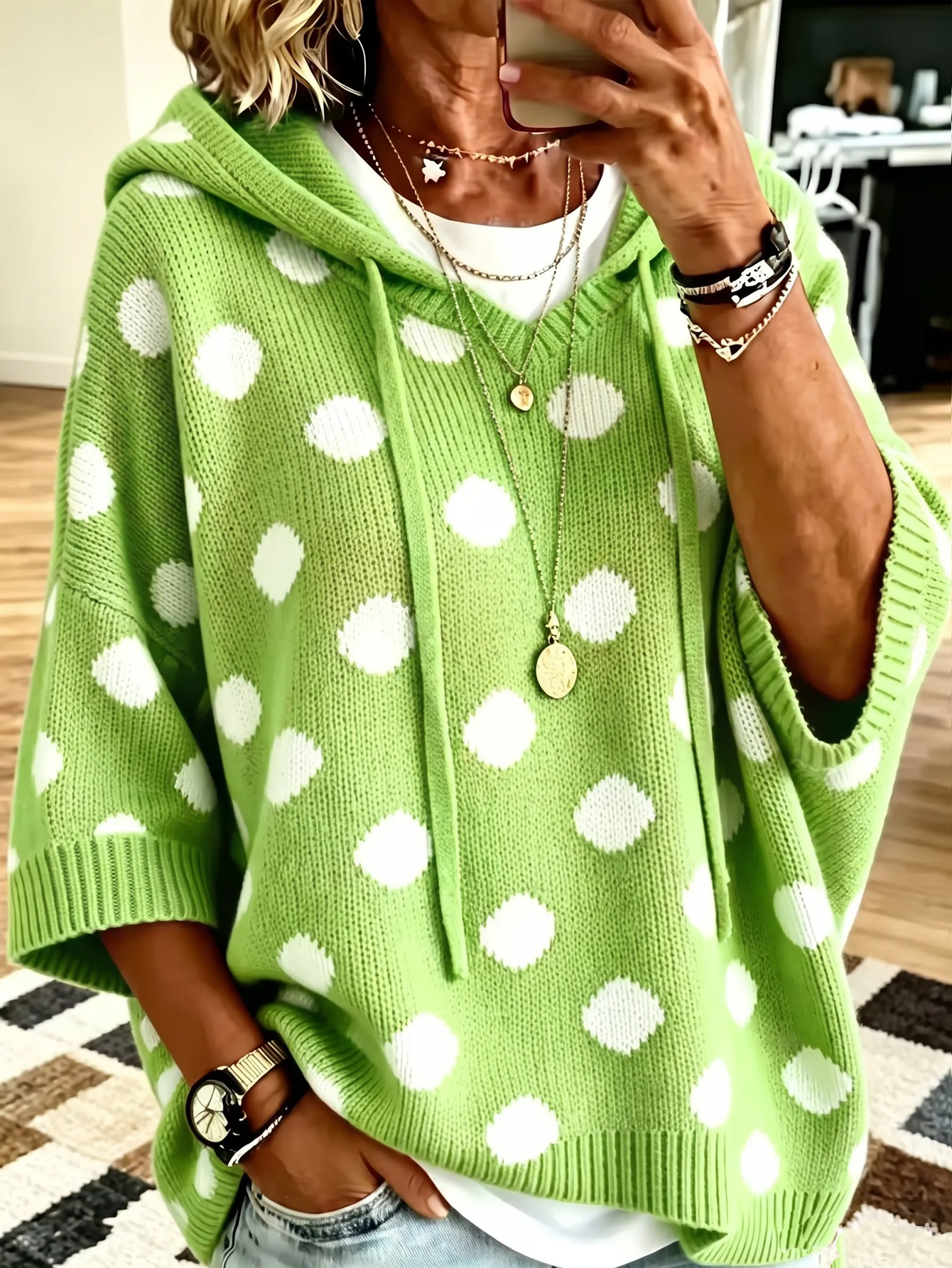 Polka Dot Hooded Women's Pullover Sweater Loose Fit Mid-Length