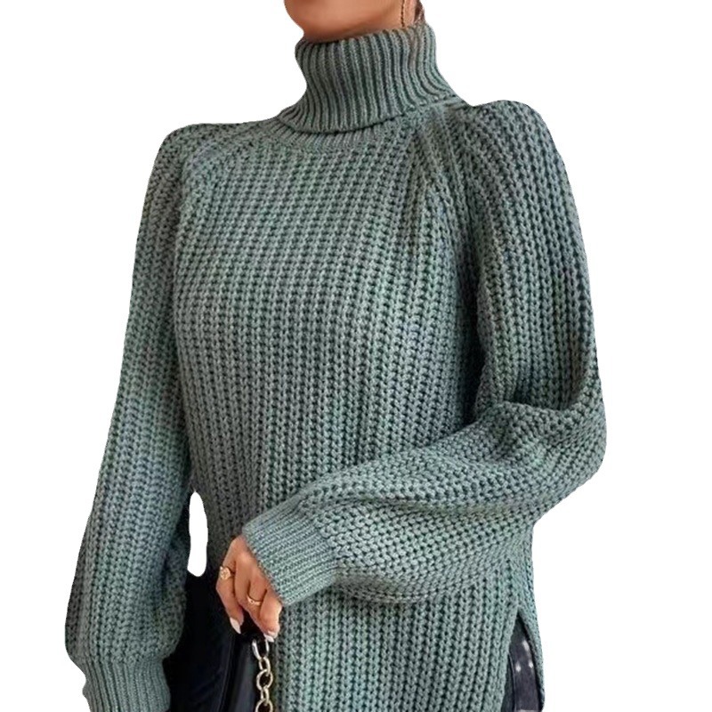 Women's High Neck Midi Knit Sweater with Raglan Sleeves and Side Slit