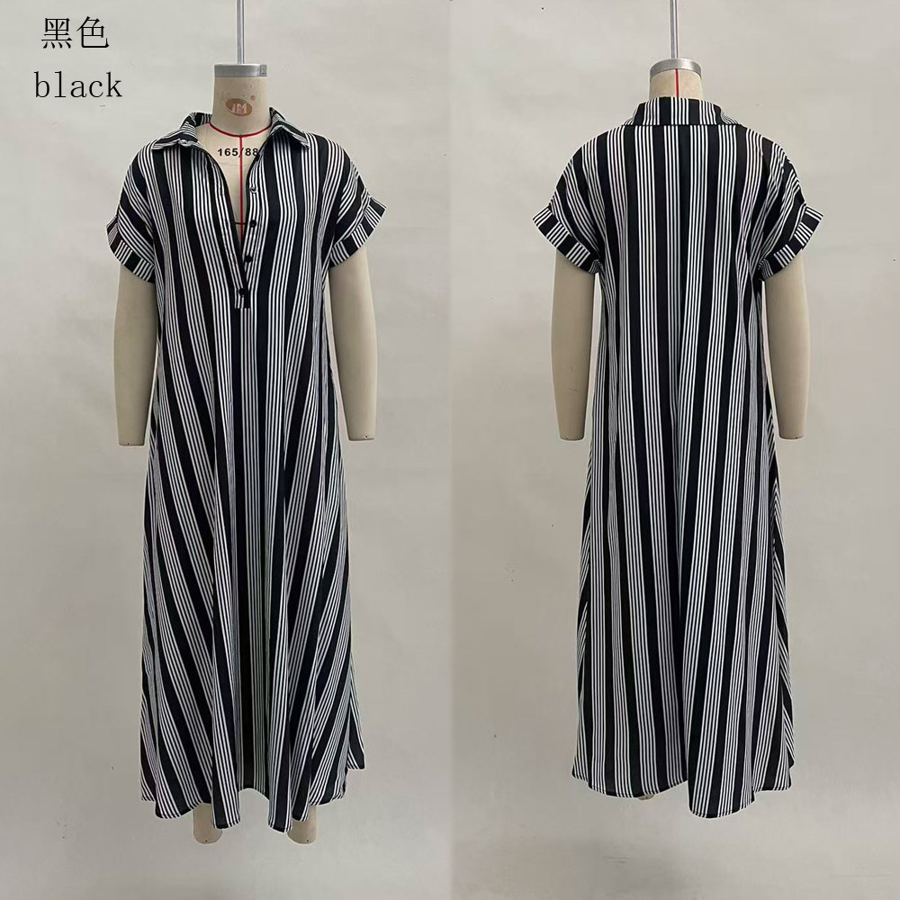 Elegant Short Sleeve Striped Shirt Dress with Collar