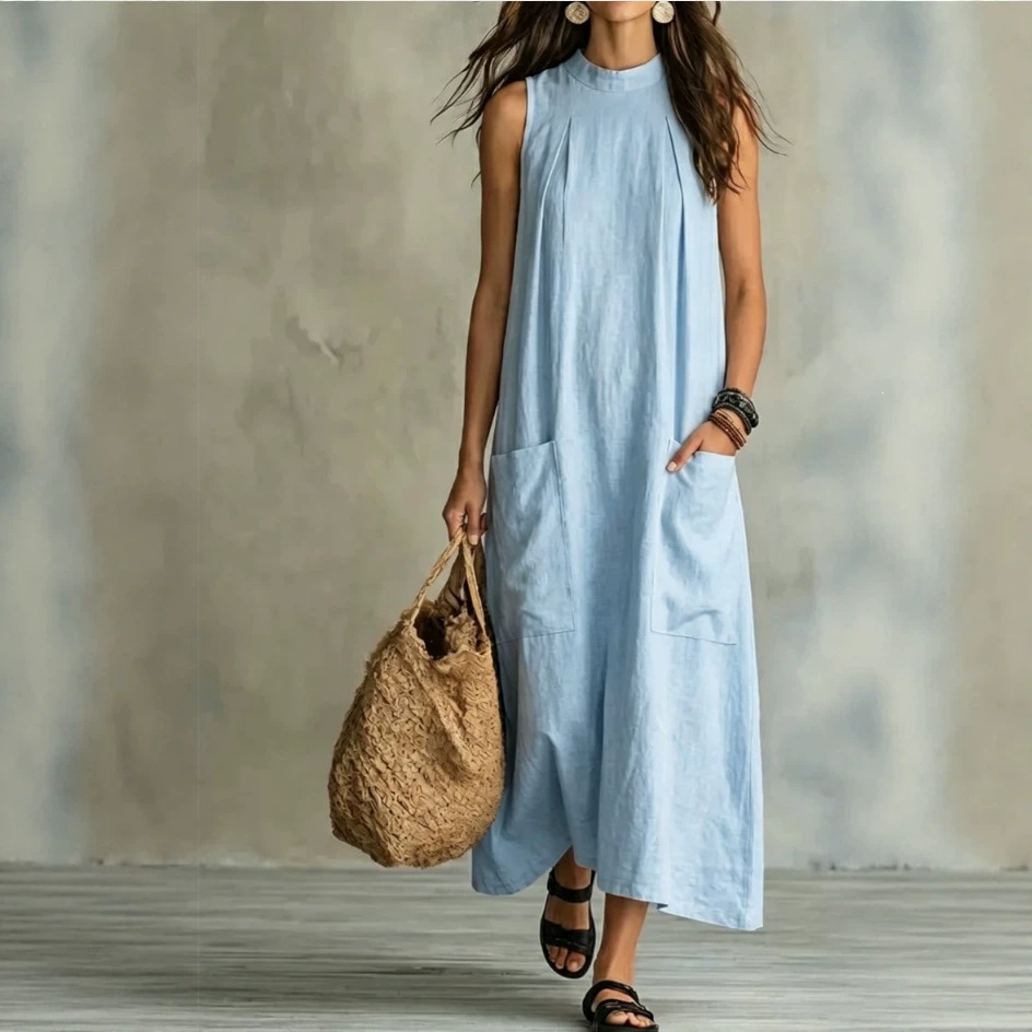 Retro Cotton-Linen Sleeveless Maxi Dress Solid Loose Flowy