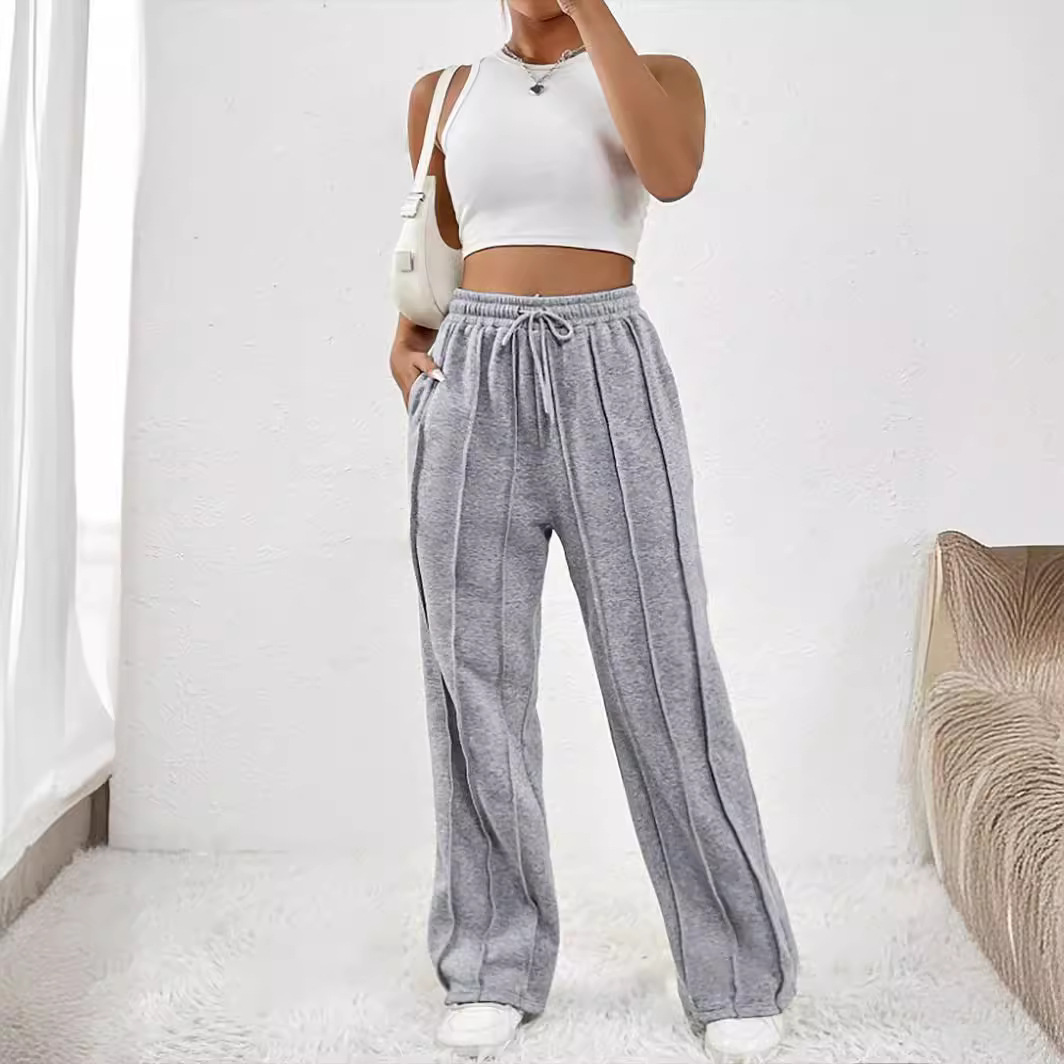 Women's Casual Drawstring Straight-Leg Track Pants with Vertical Stripes