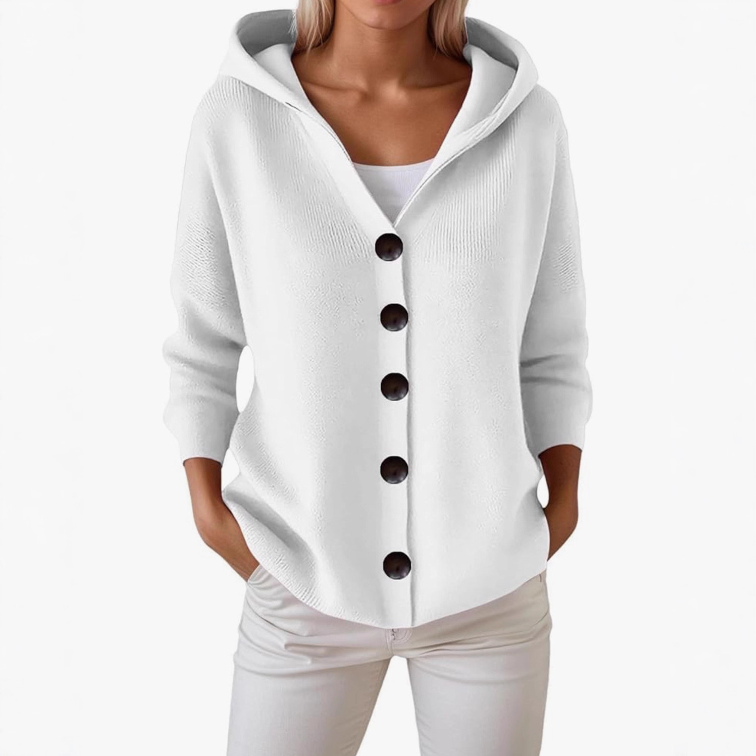 Button-Up Hooded Knit Cardigan Sweater, Solid Color Casual Women's Outerwear
