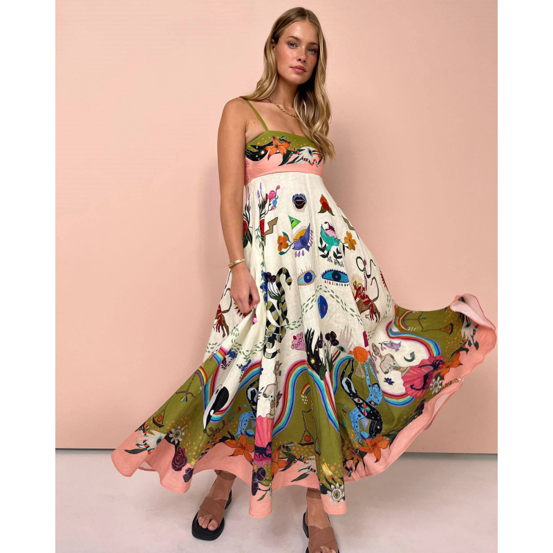 Women's Sleeveless Printed Linen Maxi Dress with Flowy Skirt