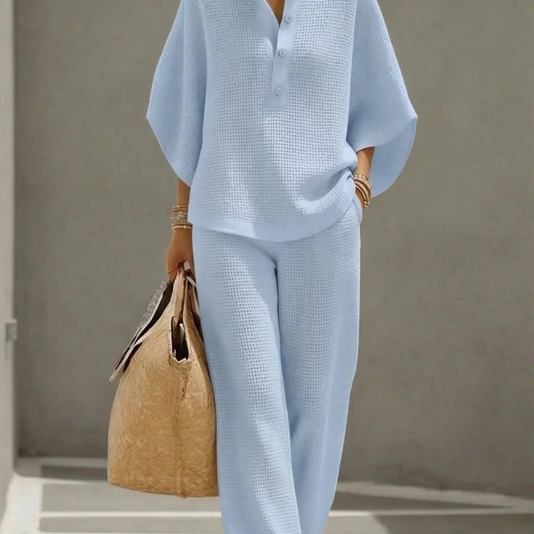 Women's Casual Waffle Knit Button Shirt & Wide-Leg Pants Set