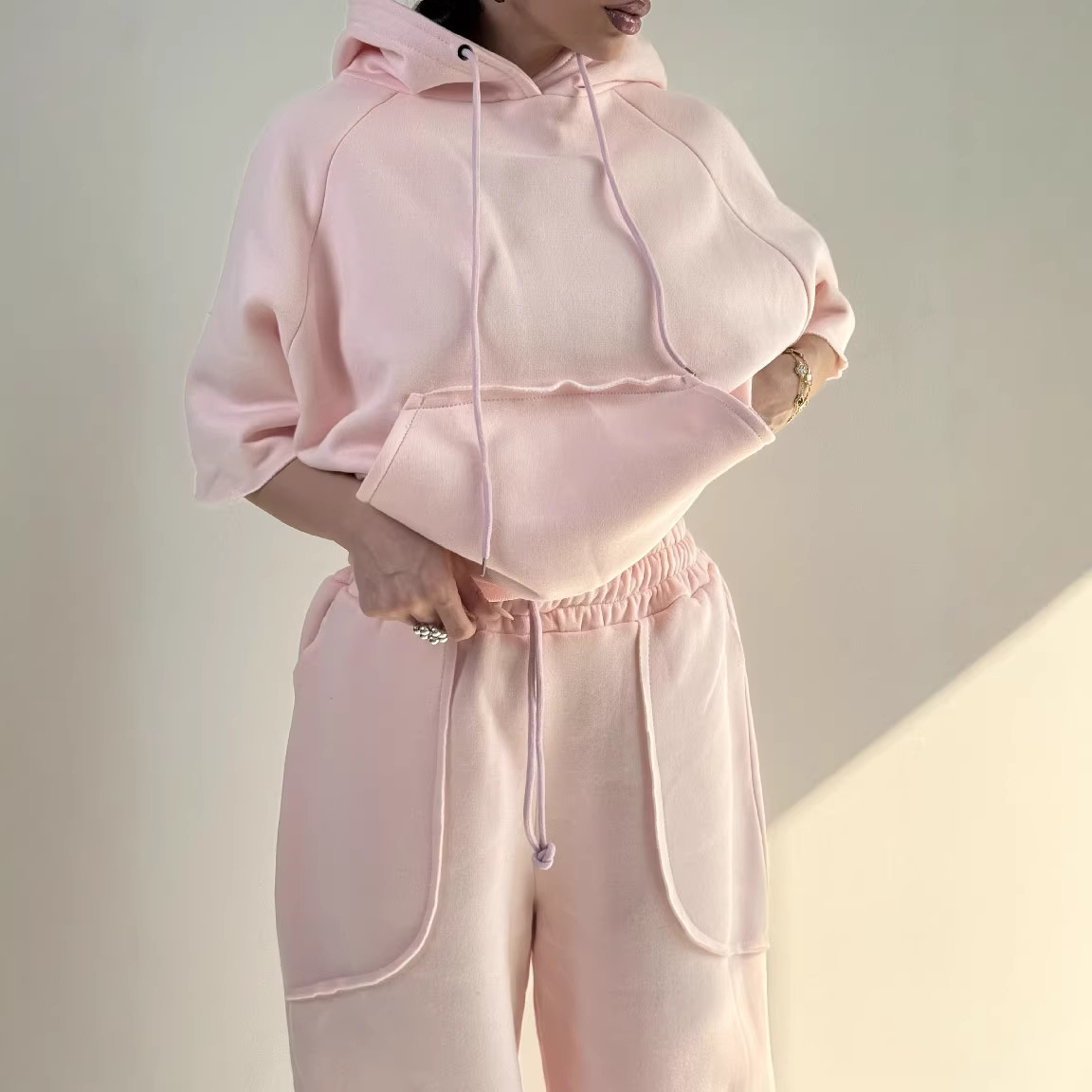 Women's Solid Color Hooded Half-Sleeve Sweatshirt and Pants Set Casual Two-Piece Outfit