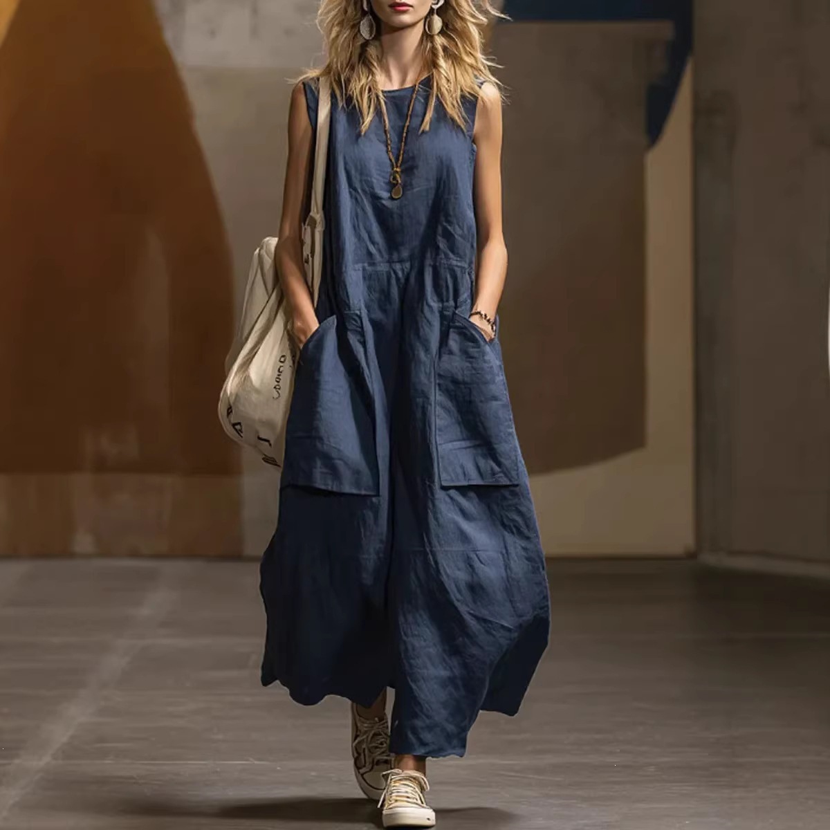 Women's Loose Sleeveless Cotton Linen Dress with Pockets