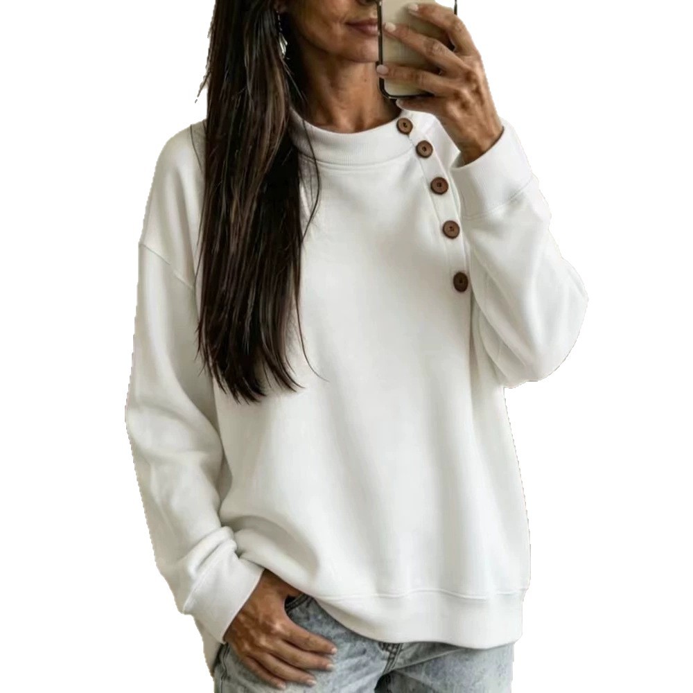 Solid Half-Turtleneck Button-Trim Long-Sleeve Sweatshirt