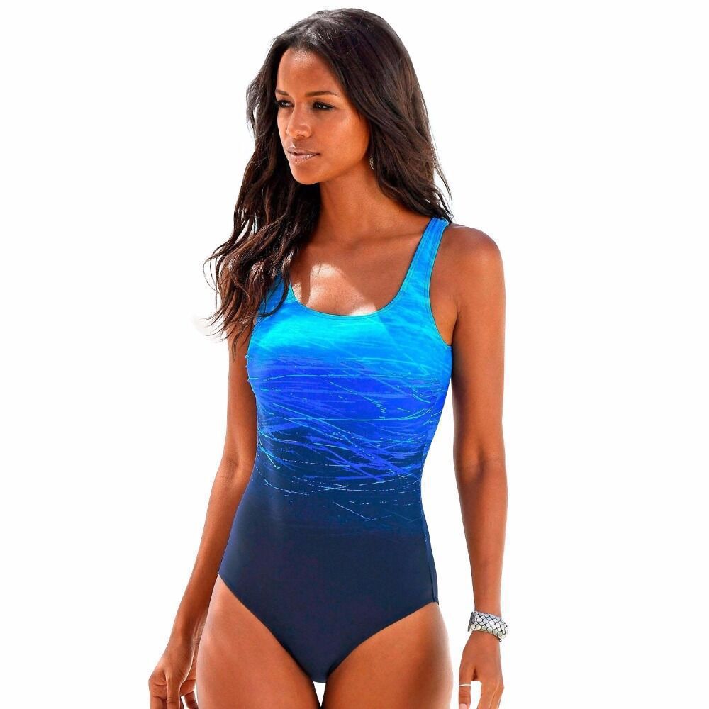 Women's Sexy Open-Back One-Piece Swimsuit U-Neck Gradient Print