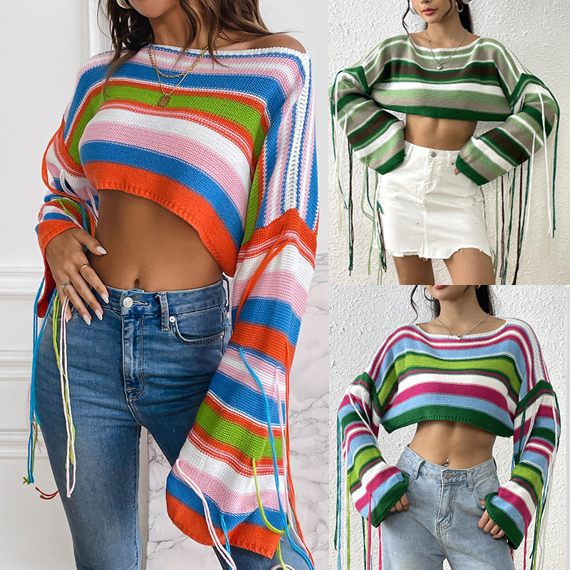 Rainbow Striped Fringe Knit Crop Sweater
