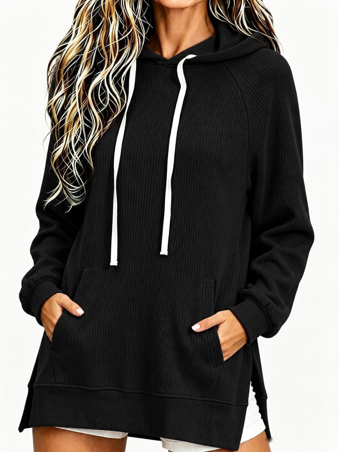 2026 Cross-Border European & American Women's Corduroy Hooded Sweatshirt Fall/Winter New Loose Mid-Length Pocket Pullover Top