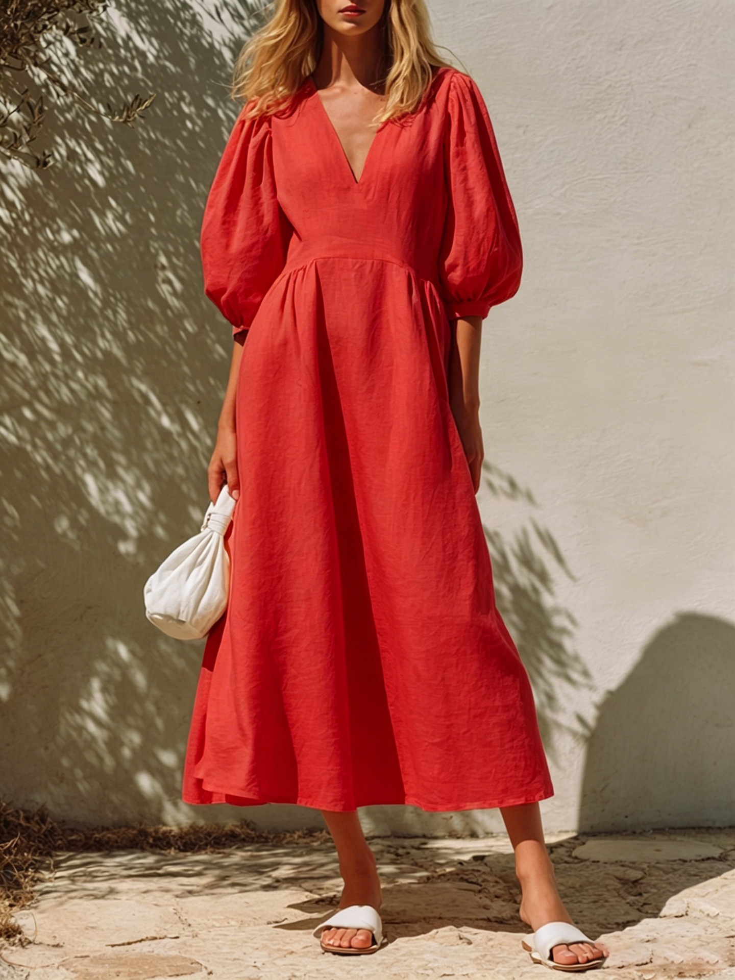 Linen V-Neck Bubble Sleeve A-Line Midi Dress