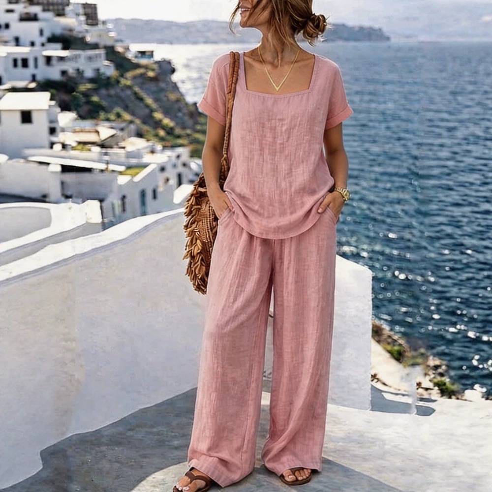 Women's Square Neck Short Sleeve Top and Pants Washed Cotton Set