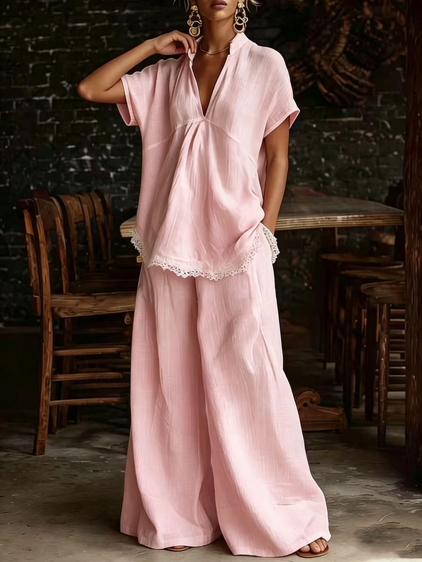Women's Linen-Blend Short-Sleeve Shirt & Wide-Leg Pants Two-Piece Set