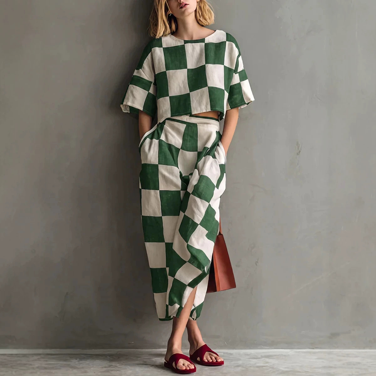 Striped Floral Print Faux Linen Wide-Leg Two-Piece Set