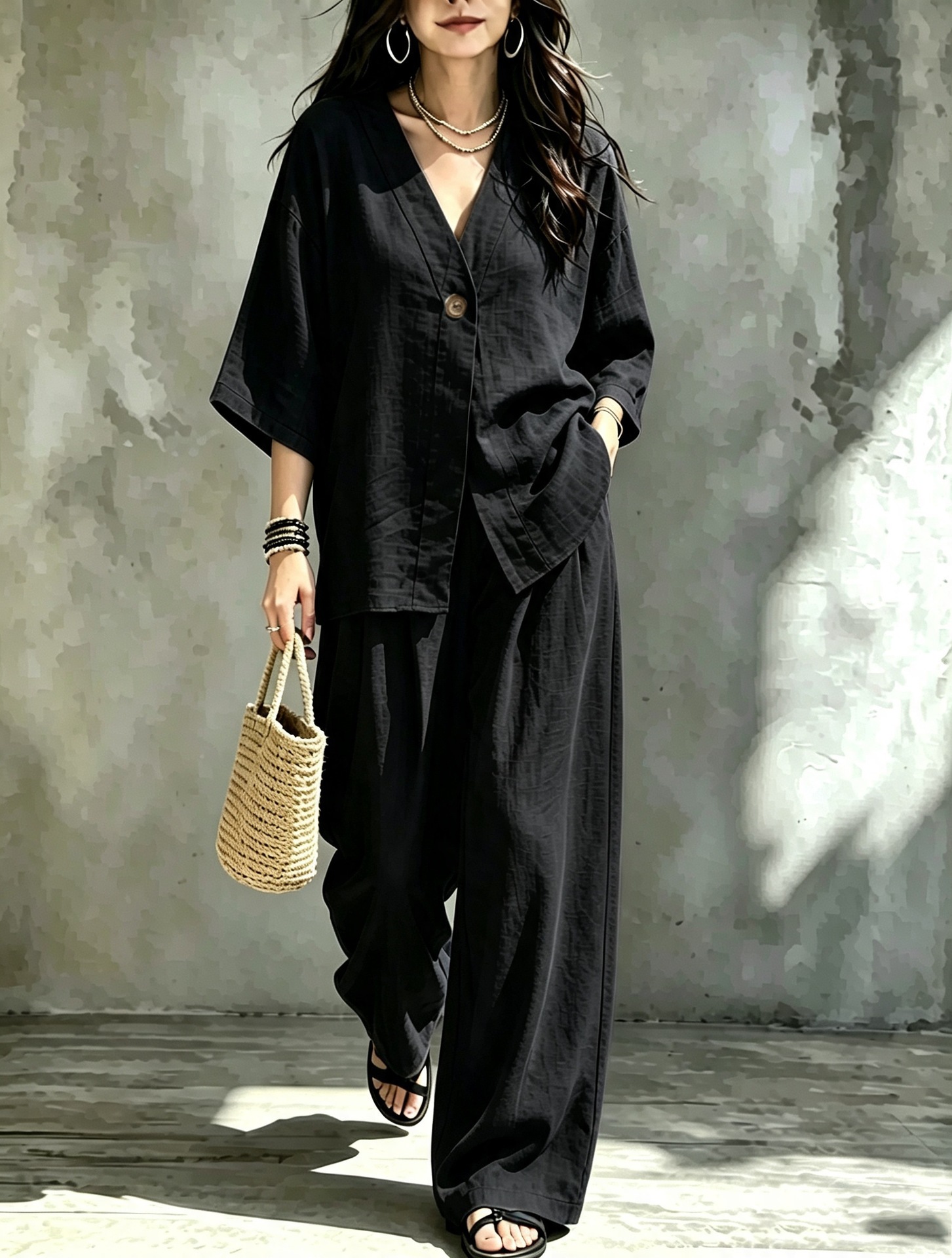 Women's V-Neck One-Button Loose Long-Sleeve Top & High-Waist Suit Pants Two-Piece Set