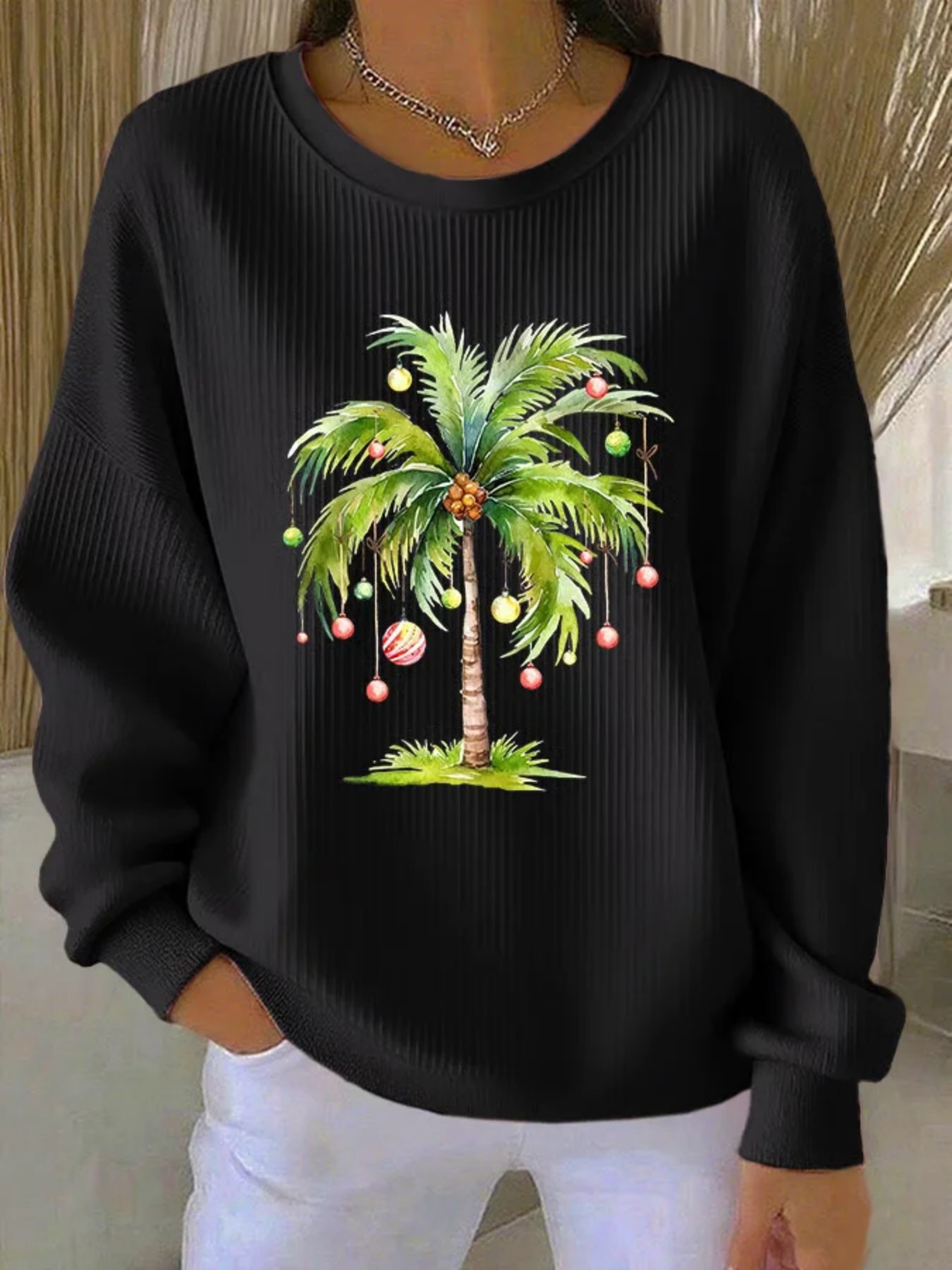 Christmas Print Crewneck Long Sleeve Pullover Sweatshirt