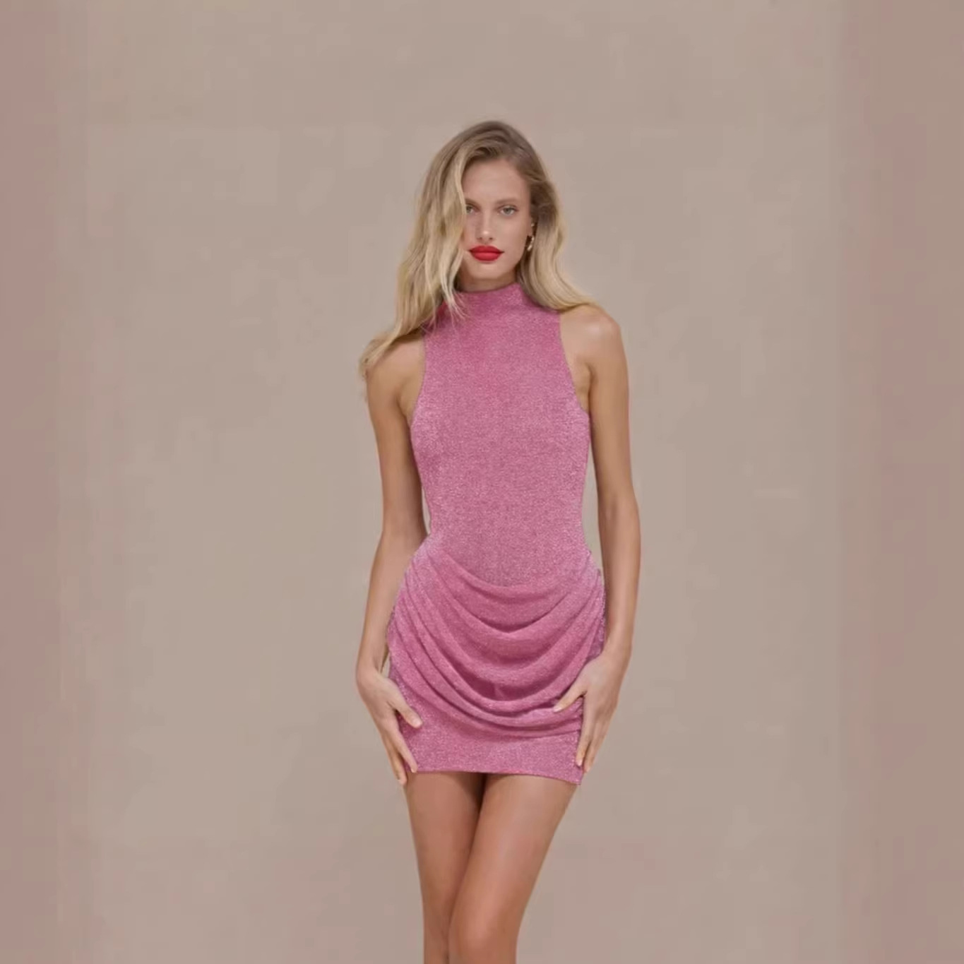 Solid Sleeveless Mock Neck Glitter Bodycon Mini Dress