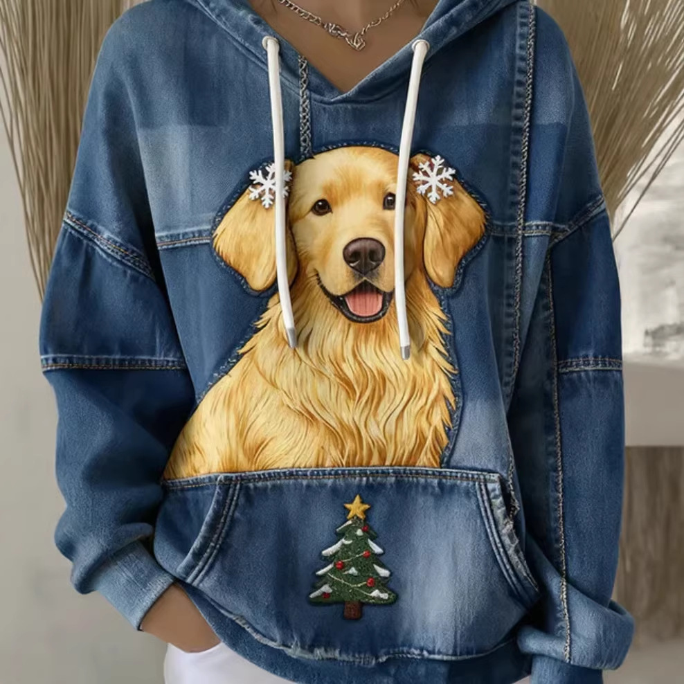 Women's Christmas Dog & Tree Print Hoodie