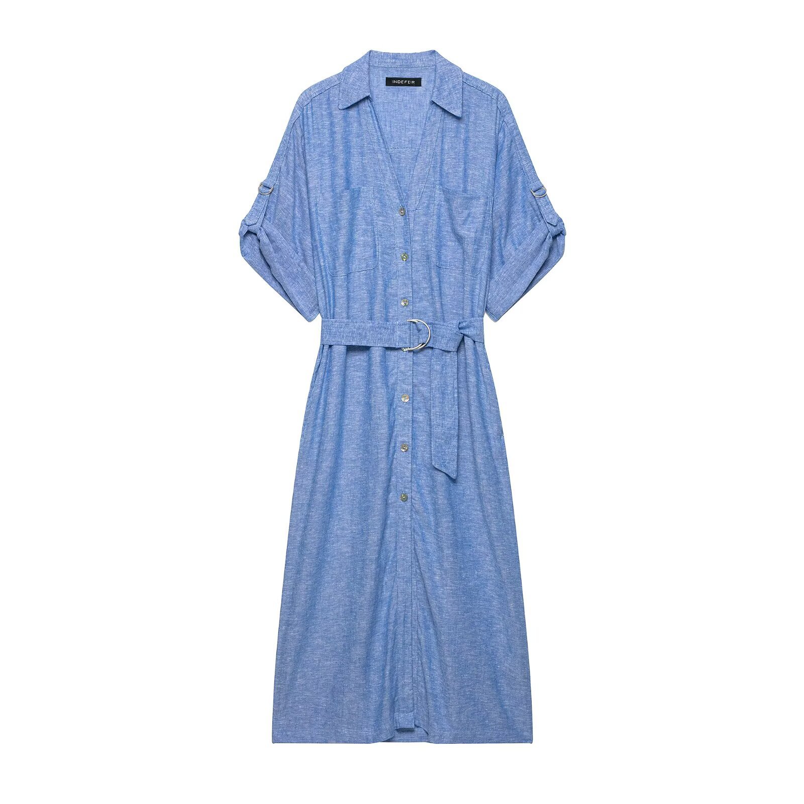 Women's Long Sleeve V-Neck Belted Shirt Dress