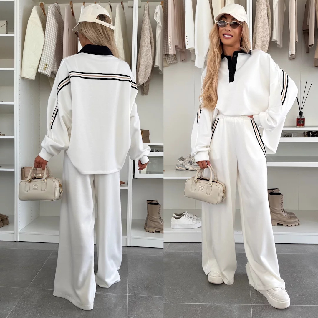 Women's Color-Block Striped Two-Piece Set with Lapel Top and Wide-Leg Pants