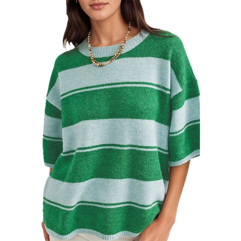 Striped Crewneck Knit Sweater Loose Fit Colorblock Pullover
