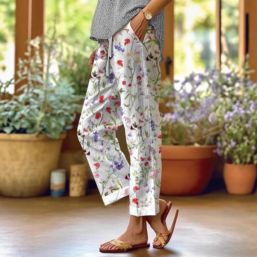 Women's Polka Dot Floral Print Straight-Leg Casual Pants