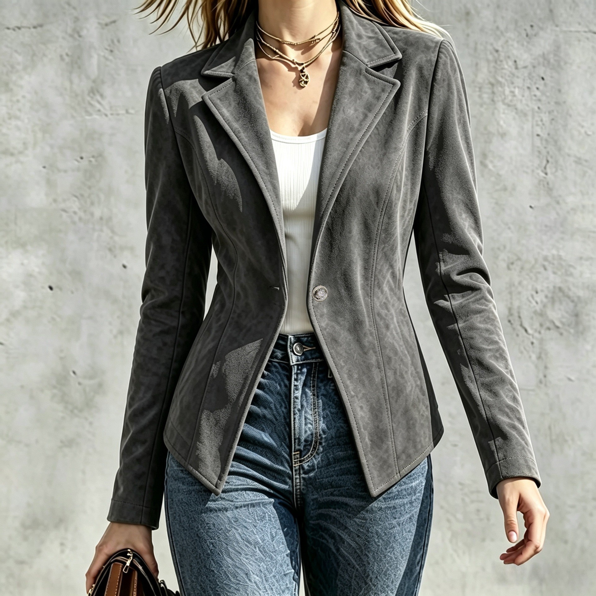 Suede Women's Jacket with Lapel Collar and One-Button Closure
