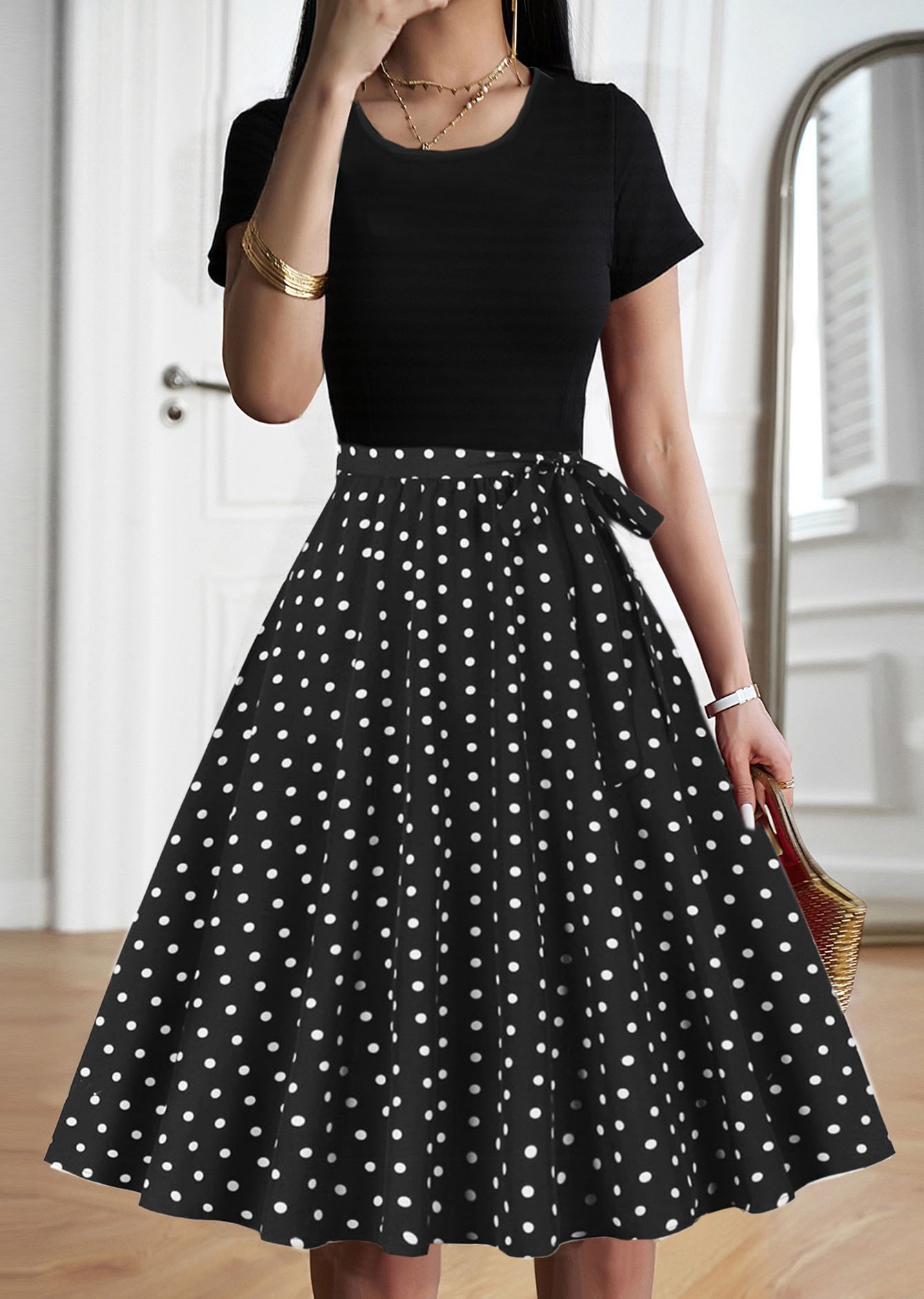 Women's Vintage Patchwork Midi Dress with Belt