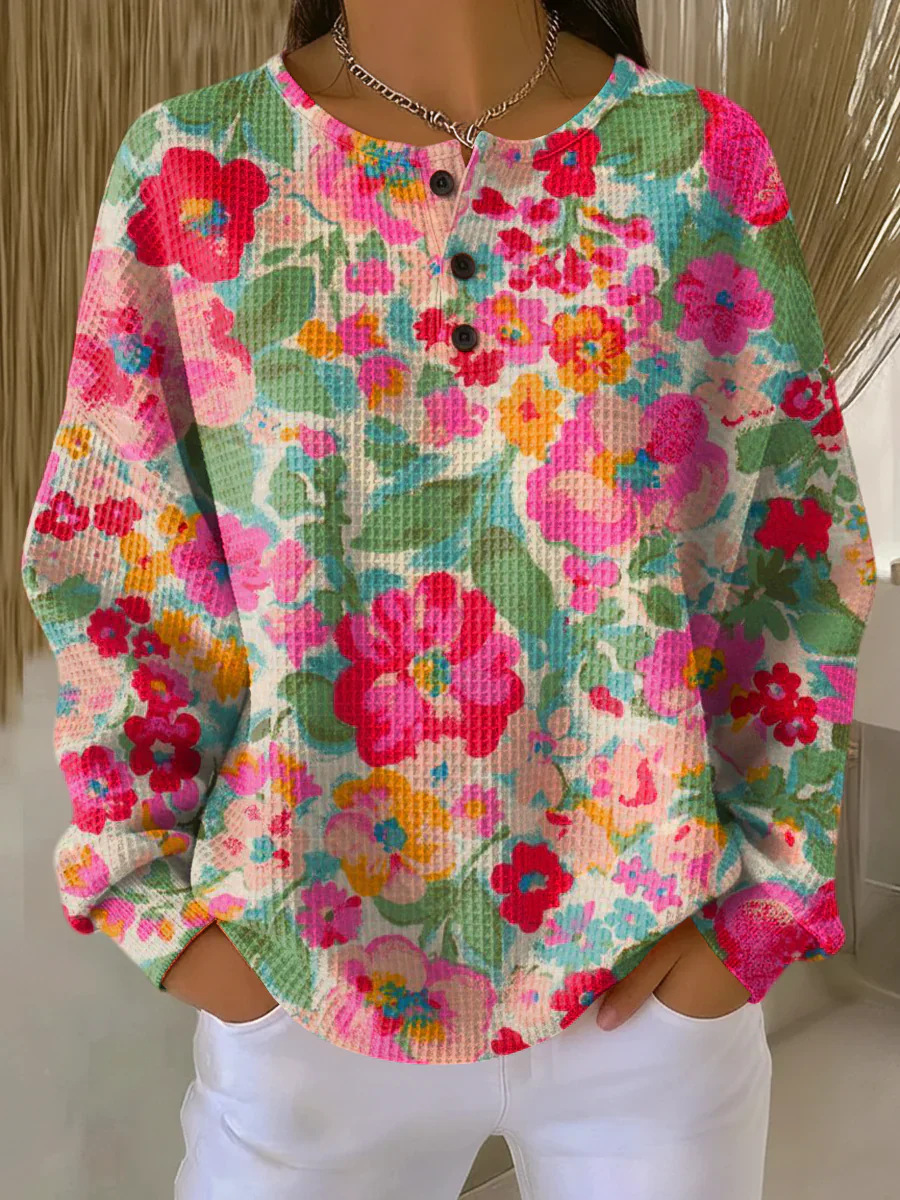 Women's Plaid Tree Floral Polka Dot Print Button Sweatshirt