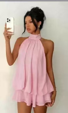 Women's Halter Neck Chiffon Dress High Waist A-Line Mini Vacation Dress