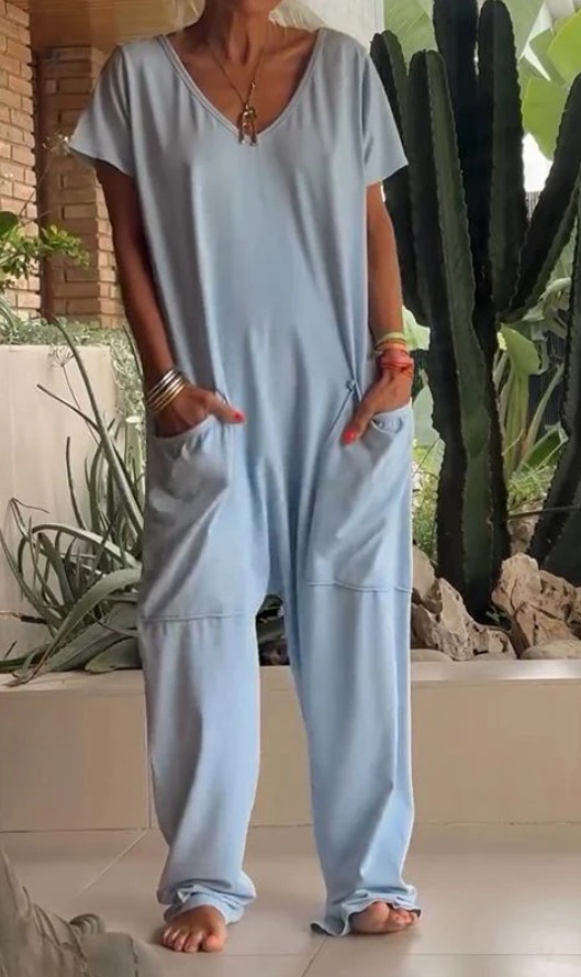 Solid V-Neck Jumpsuit with Oversized Pockets and Low Crotch