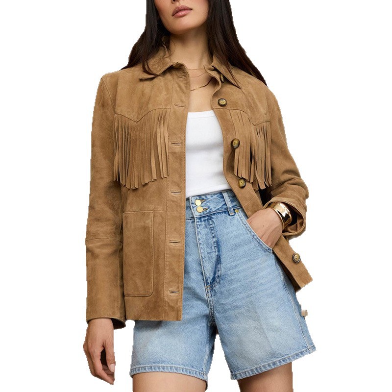 Faux Suede Fringe Trim Button Long Sleeve Collared Jacket