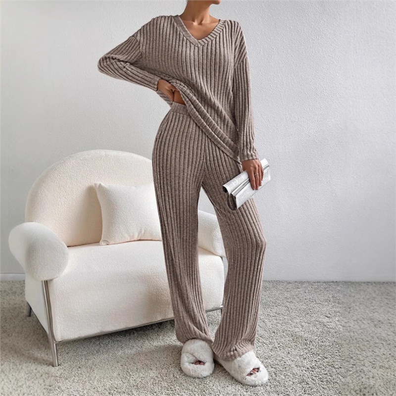 Women's Two-Piece V-Neck Knit Top and Straight-Leg Pants Set
