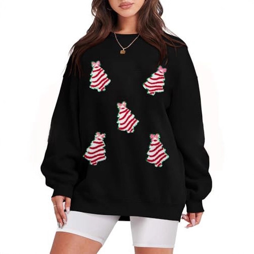 Women's Christmas Santa Tree Print Crewneck Sweatshirt