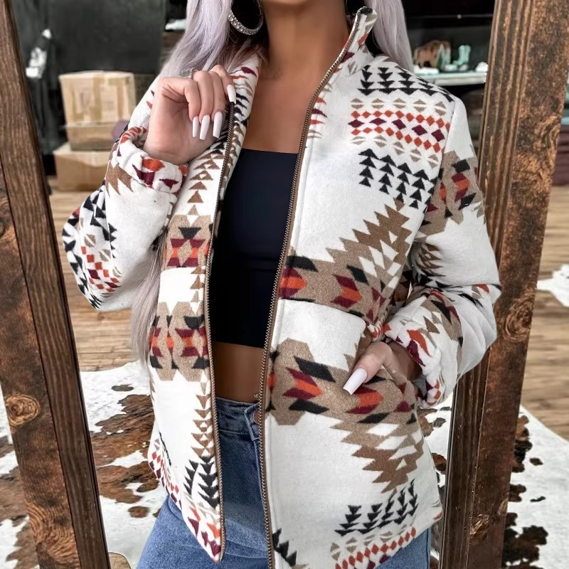 Western Print Zip-Up Cardigan Jacket