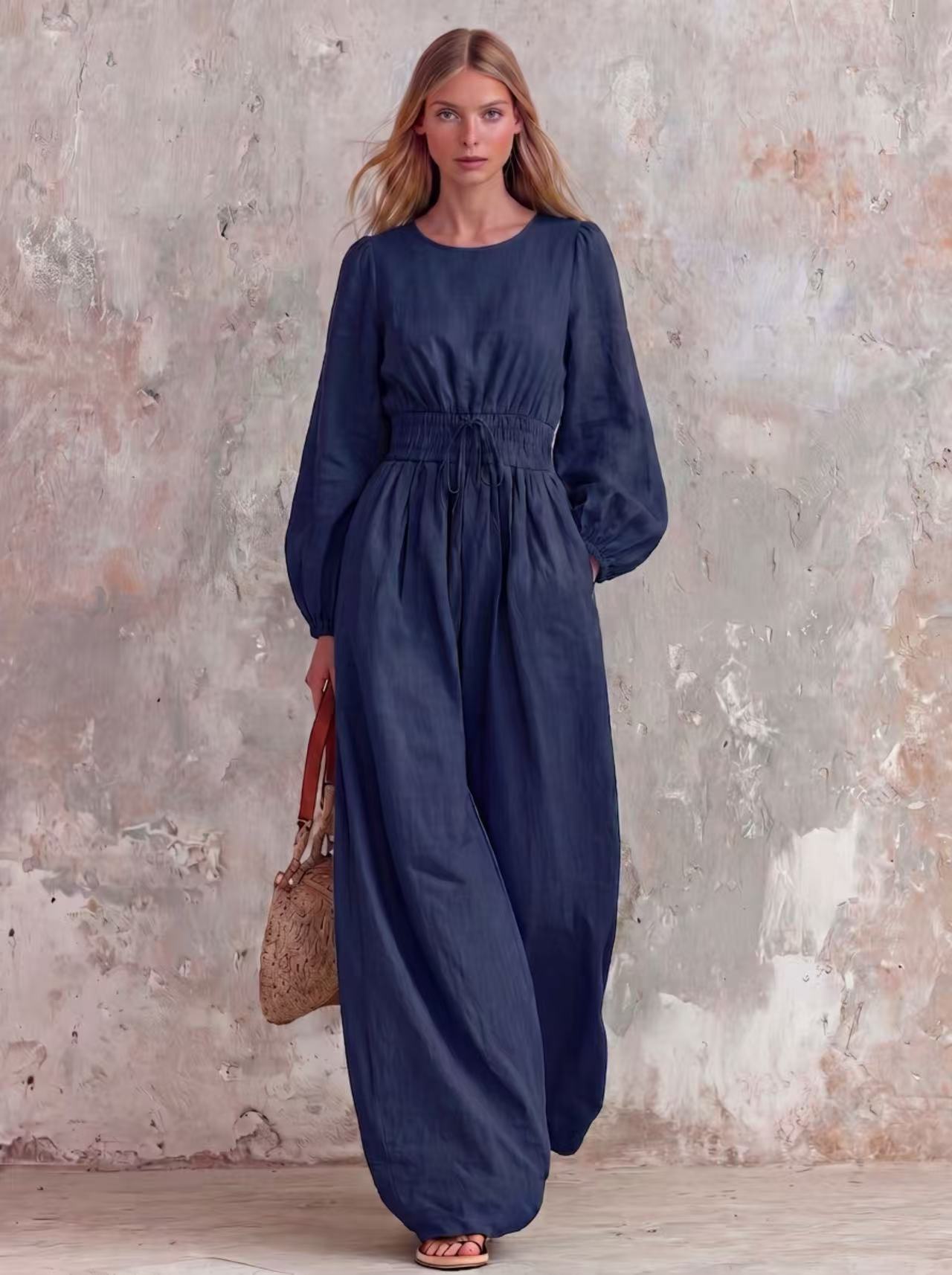Women's Casual Vintage Solid Color Waist-Defining Smocked Jumpsuit
