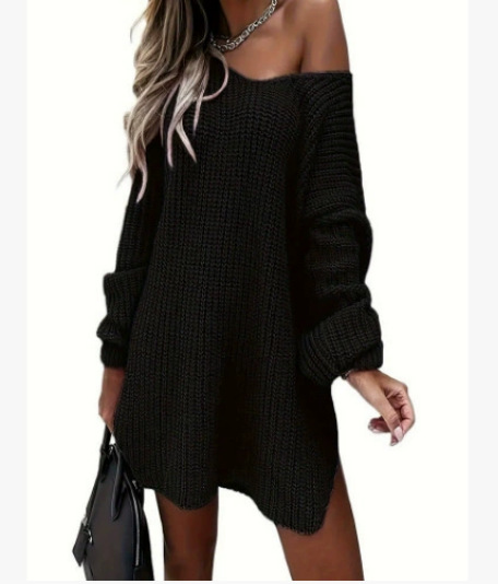 Women's Solid Loose V-Neck Pullover Knit Sweater