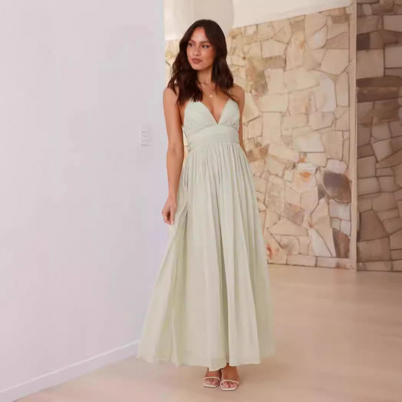 Women's Sleeveless V-Neck Open-Back Tie-Waist Chiffon Maxi Dress