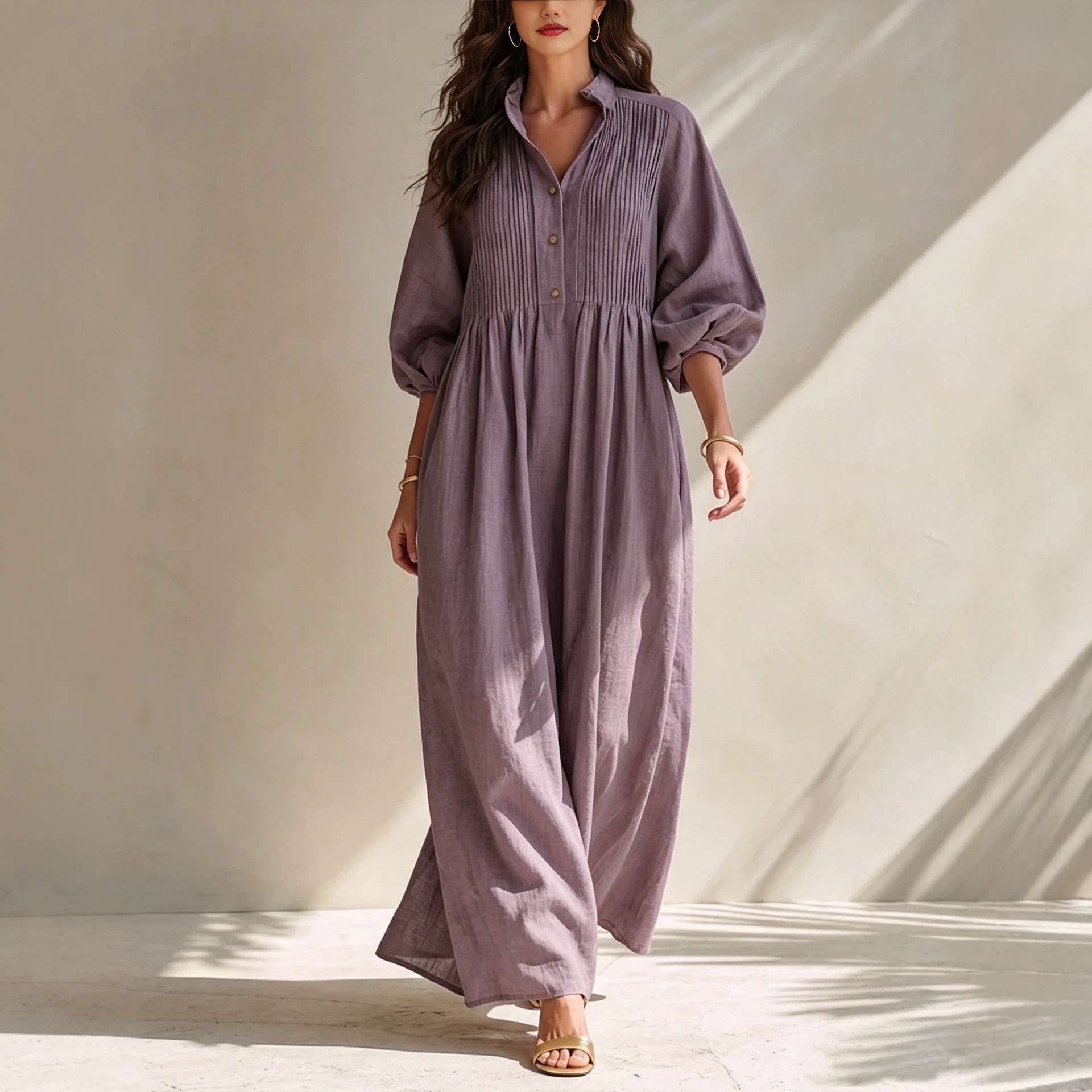Linen-Blend Long Sleeve Shirt Dress Women's Loose A-Line Midi Bubble Sleeve Solid