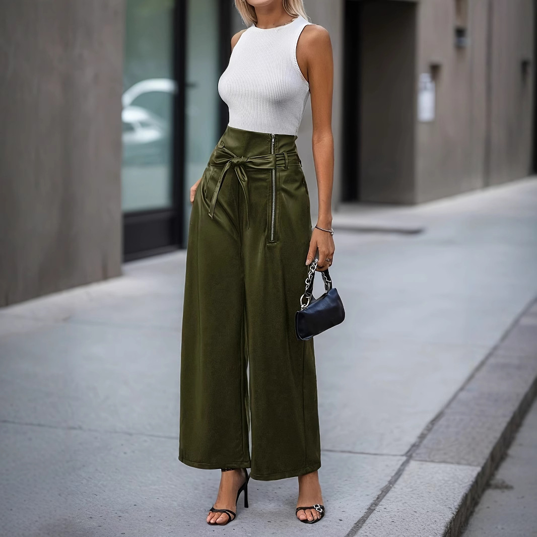 Women's High-Waist Wide-Leg PU Leather Pants with Belt and Zipper