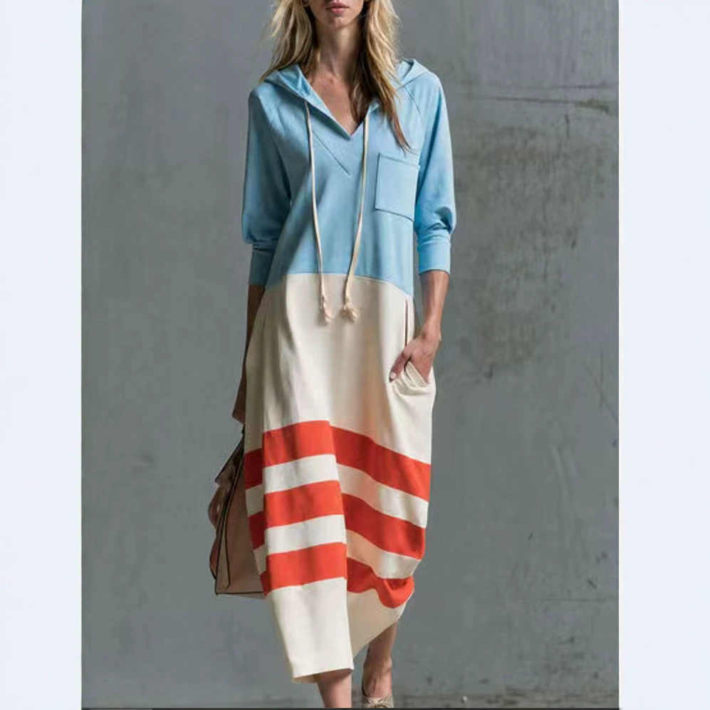 Women's Casual Color-Block Striped Hooded Sweatshirt Dress Loose 3/4 Sleeve A-Line Midi