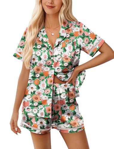 Women's Cuban Collar Short Sleeve Shirt Set Floral Solid Casual