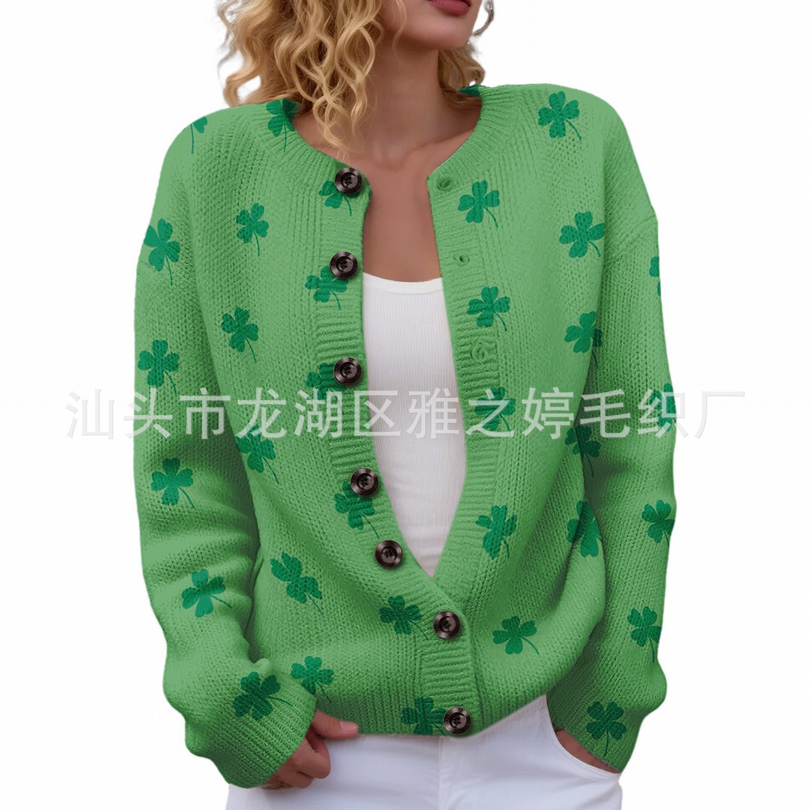 Women's Four-Leaf Clover Print Button Cardigan Sweater