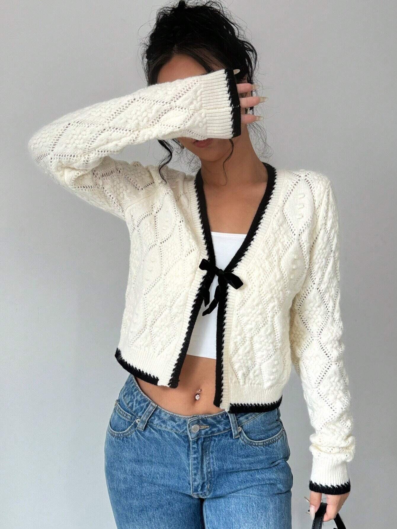 V-Neck Bow Tie Cardigan Sweater