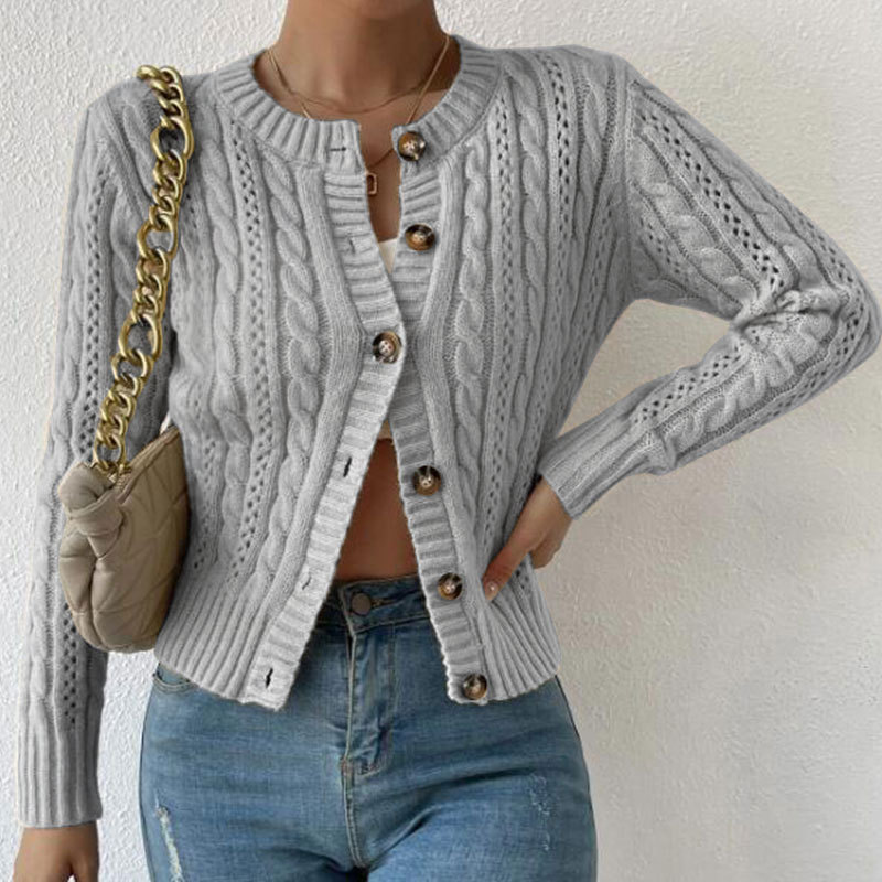 Women's Cable-Knit Button-Front Cardigan Sweater Long Sleeve Crew Neck