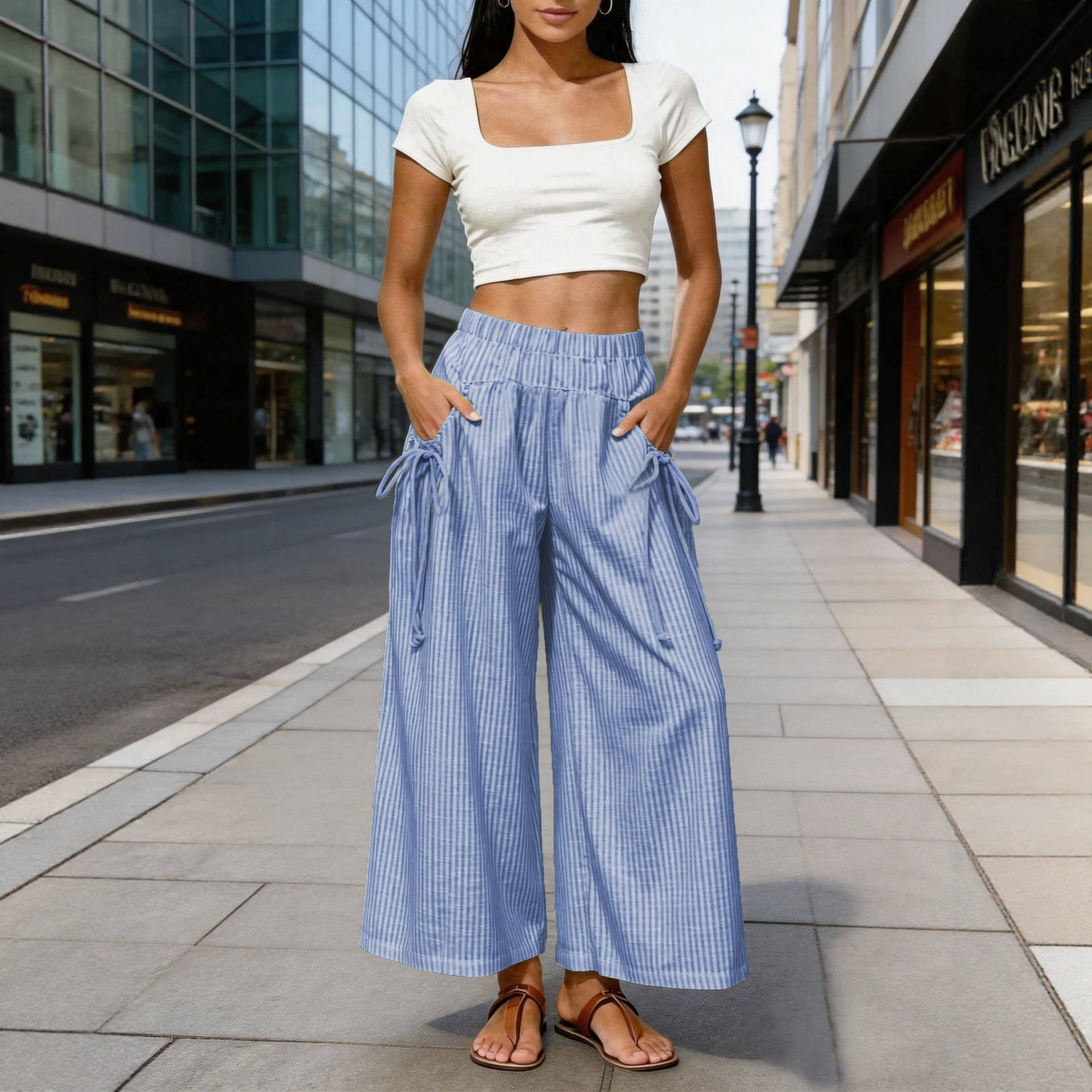 Drawstring Elastic Waist Wide Leg Cropped Pants