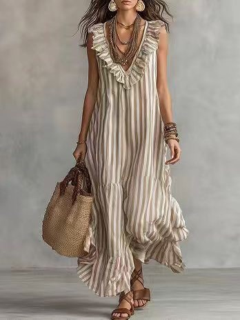 Striped Ruffle V-Neck Sleeveless Maxi Dress