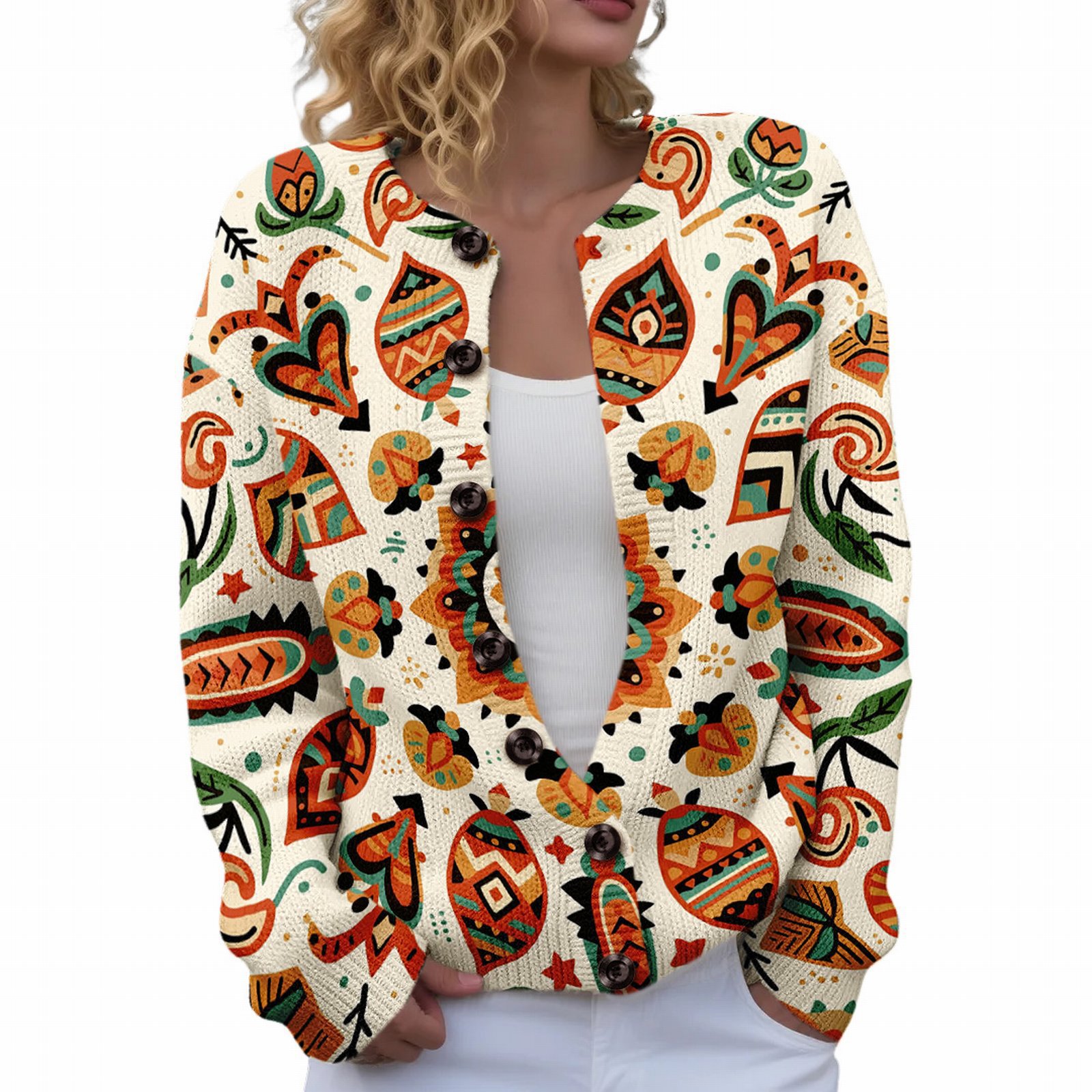 Women's Floral Maple Leaf Print Button Cardigan
