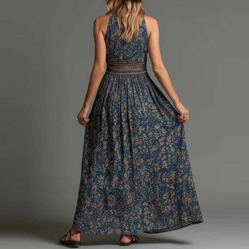 Bohemian Sleeveless Floral Print Deep V-Neck Slit A-Line Maxi Dress