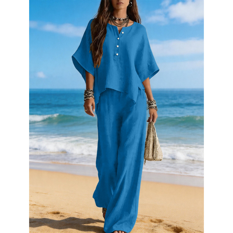 Women's Asymmetrical Round Neck T-Shirt and Pants Two-Piece Set